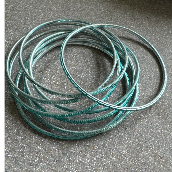 Unknown Jewelry - Nine Light Turquoise Blue, Sea Foam Green & Silver Bangle Bracelets